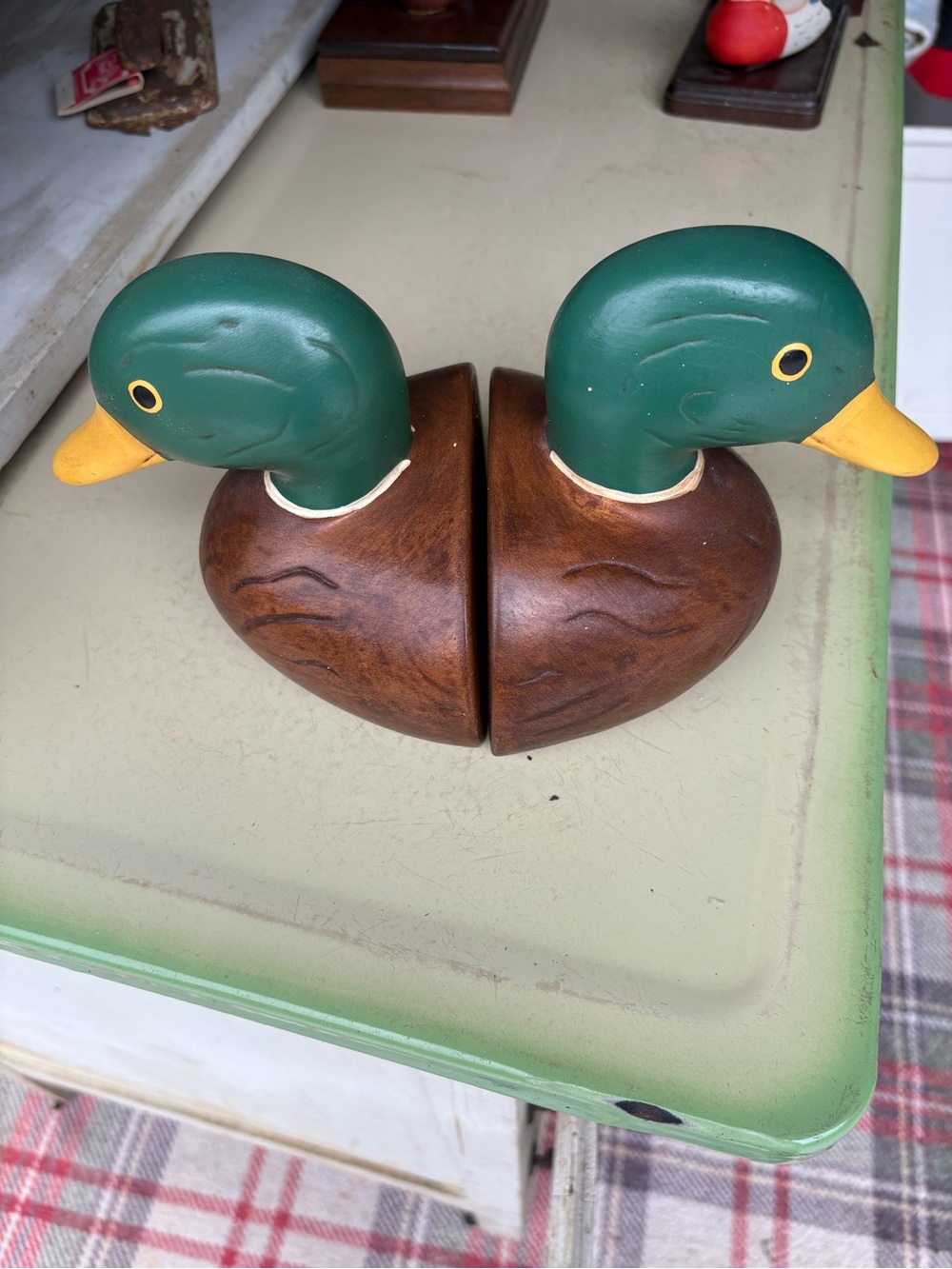 Vintage Wooden Duck weighted  Bookends in Green and Brown - Classic Home Accent